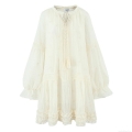 Bohemian Women Embroidery Off-White Long Sleeve Dress With Tassel Flounced Hem Elegant Pleated Midi Dress For Summer Vacation Ladies