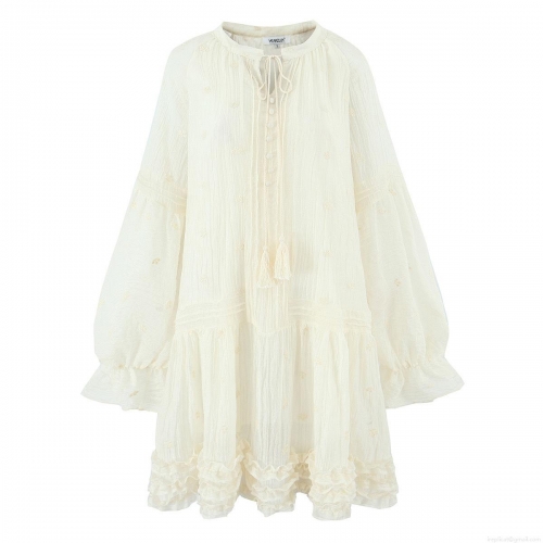 Bohemian Women Embroidery Off-White Long Sleeve Dress With Tassel Flounced Hem Elegant Pleated Midi Dress For Summer Vacation Ladies