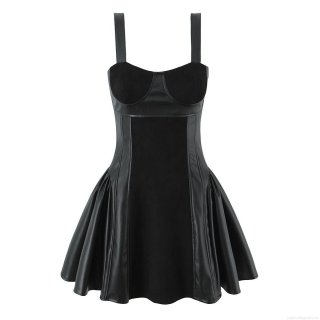 Women's Sexy PU Leather Splicing Mini Camisole Dress French Vintage Slim Fit Waist Sleeveless A-Line Party Night Club Dress