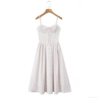 French Vacation Floral Lace Up Slip Maxi Dress Women Summer V Neck Lace Trim Smocked Waist Polyester Chiffon Backless Beach Long Dress