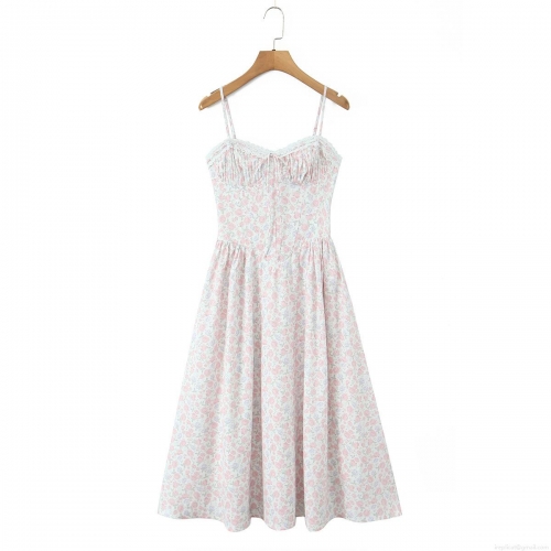 French Vacation Floral Lace Up Slip Maxi Dress Women Summer V Neck Lace Trim Smocked Waist Polyester Chiffon Backless Beach Long Dress