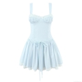 Women Sexy Light Blue Camisole Mini Dress Polyester Lace Trim Bow Detail Slim Fit Spaghetti Strap Backless Dress Summer Party Outfits French Style