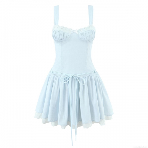Women Sexy Light Blue Camisole Mini Dress Polyester Lace Trim Bow Detail Slim Fit Spaghetti Strap Backless Dress Summer Party Outfits French Style