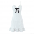 Women White Cotton Eyelet Embroidery Sling Mini Dress Lace Patchwork Bow Detail V-Neck Backless Ruffle Sexy Sweet Party Dress
