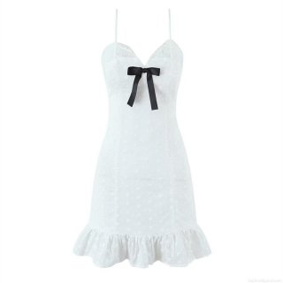 Women White Cotton Eyelet Embroidery Sling Mini Dress Lace Patchwork Bow Detail V-Neck Backless Ruffle Sexy Sweet Party Dress