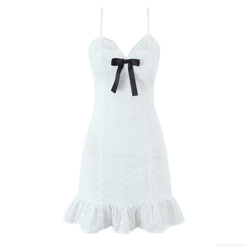 Women White Cotton Eyelet Embroidery Sling Mini Dress Lace Patchwork Bow Detail V-Neck Backless Ruffle Sexy Sweet Party Dress