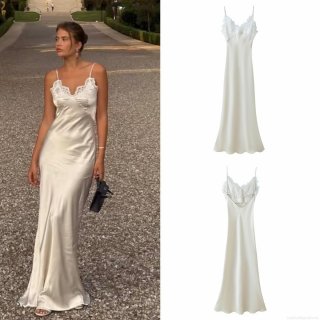 Women Sexy Lace Patchwork Satin Maxi Dress Spaghetti Strap V Neck Backless Silk Like Fishtail Long Party Dress For Summer Vacation Ladies