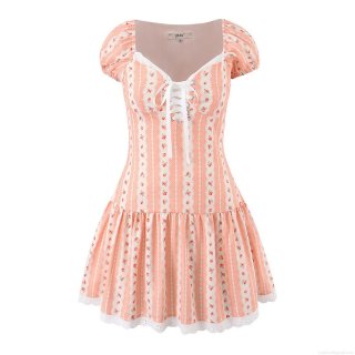 Women's French Retro Pink Floral Print Mini Dress Square Neck Puff Short Sleeve Lace-Up Corset Ruffle Hem Lace Trim Sweet Summer Polyester Dresses For Women