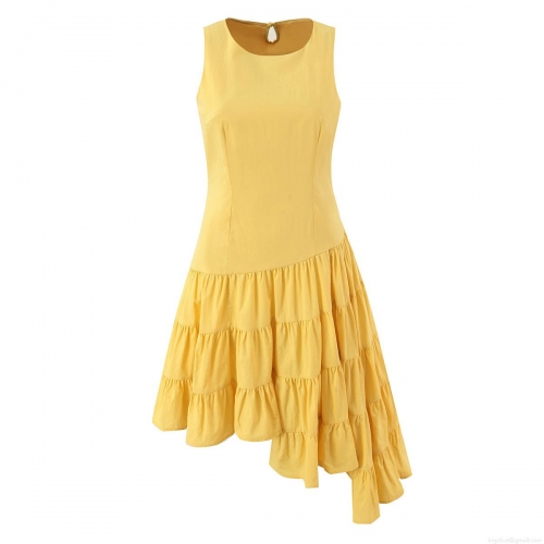 Women's 100% Washed Cotton Sleeveless Dress Summer Casual Round Neck Tiered Layered Cake Skirt Asymmetric Hem Midi Dresses for Beach Vacation