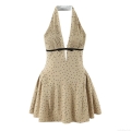 Sexy French Polka Dot Halter Backless Dress Women Polyester V Neck Pleated High Waist Mini Party Dress Elegant Bow Decor Sleeveless A-Line Short Dress