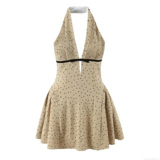 Sexy French Polka Dot Halter Backless Dress Women Polyester V Neck Pleated High Waist Mini Party Dress Elegant Bow Decor Sleeveless A-Line Short Dress