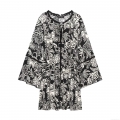Women's Vintage Black and White Floral Print Flare Sleeve Dress Bohemian Drawstring Ruffle Midi Dress Casual Vacation Long Sleeve Smock Dress