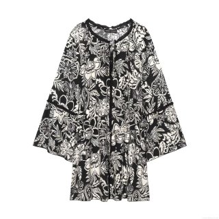 Women's Vintage Black and White Floral Print Flare Sleeve Dress Bohemian Drawstring Ruffle Midi Dress Casual Vacation Long Sleeve Smock Dress