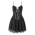 French Sweet Sexy Black Polka Dot Camisole Mini Dress With Pink Rose Decoration Backless Slim Fit Sleeveless Ruffle Hem Dress For Women Party Dating Vacation