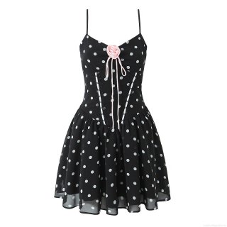 French Sweet Sexy Black Polka Dot Camisole Mini Dress With Pink Rose Decoration Backless Slim Fit Sleeveless Ruffle Hem Dress For Women Party Dating Vacation