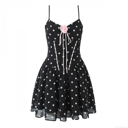 French Sweet Sexy Black Polka Dot Camisole Mini Dress With Pink Rose Decoration Backless Slim Fit Sleeveless Ruffle Hem Dress For Women Party Dating Vacation