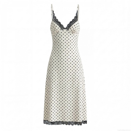 Women's Sexy Polka Dot Satin Maxi Slip Dress With Black Lace Trim V Neck Backless Lace-up High Waist Sleeveless Long Dress For Party Dating