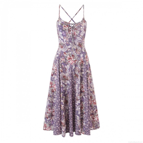 Women's Bohemian Purple Floral Maxi Dress French Retro V-Neck Spaghetti Strap Backless Paisley Print Summer Vacation Beach Long Dress