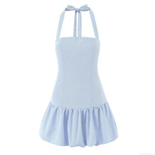 Women's Sexy Halter Backless Striped Mini Dress Sweet Lolita Style 100% Polyester Sleeveless Ruffle Hem Sundress With Bowknot For Summer Vacation Party