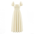 Elegant Cotton Cottagecore Dress Women Square Neck Puff Sleeve A-Line Midi Dress Summer French Retro Style Party Clothing