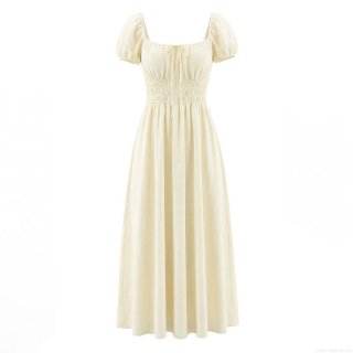 Elegant Cotton Cottagecore Dress Women Square Neck Puff Sleeve A-Line Midi Dress Summer French Retro Style Party Clothing
