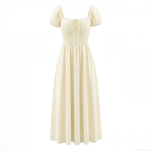 Elegant Cotton Cottagecore Dress Women Square Neck Puff Sleeve A-Line Midi Dress Summer French Retro Style Party Clothing