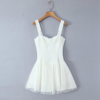 Women White Polka Dot Mesh Polyester Cami Dress With Lace Trim And Bow Detail Sexy Slim Fit Layered Mini Dress For Summer Party Date Night