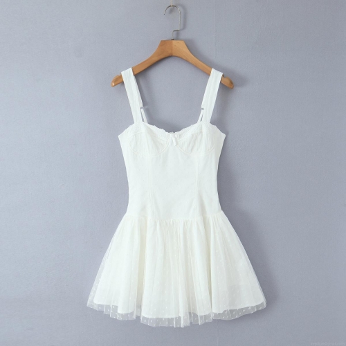 Women White Polka Dot Mesh Polyester Cami Dress With Lace Trim And Bow Detail Sexy Slim Fit Layered Mini Dress For Summer Party Date Night