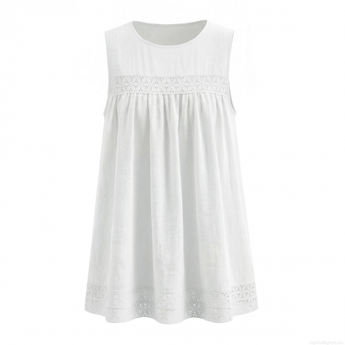 Women's Sleeveless Lace Patchwork Mini Dress Viscose Cotton Blend Hollow Out Round Neck A-Line Casual Vacation Sundress White