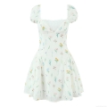 Women's French Pastoral Floral Puff Sleeve Mini Dress Lace Patchwork Square Neck Slimming High Waist Sweet Polyester Short Dress For Summer