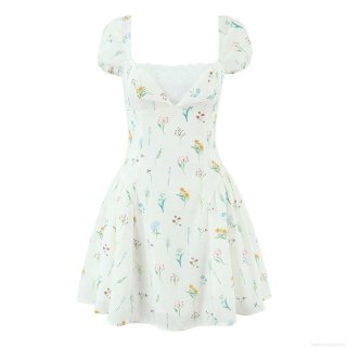 Women's French Pastoral Floral Puff Sleeve Mini Dress Lace Patchwork Square Neck Slimming High Waist Sweet Polyester Short Dress For Summer