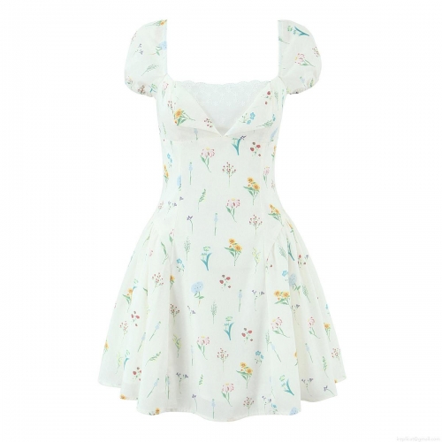 Women's French Pastoral Floral Puff Sleeve Mini Dress Lace Patchwork Square Neck Slimming High Waist Sweet Polyester Short Dress For Summer