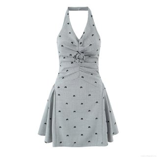 Women French Chic Sexy Halter Mini Dress With 3D Rose Flower Butterfly Print Backless Slim Fit Short Dress For Summer Party Vacation