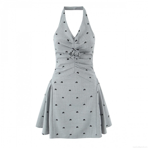 Women French Chic Sexy Halter Mini Dress With 3D Rose Flower Butterfly Print Backless Slim Fit Short Dress For Summer Party Vacation