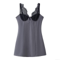 Sexy Lace Deep V-Neck Slim Fit Camisole Mini Dress Women Grey Black Stitching Sleeveless Backless Bodycon Party Clubwear Summer Fashion Dress