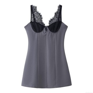 Sexy Lace Deep V-Neck Slim Fit Camisole Mini Dress Women Grey Black Stitching Sleeveless Backless Bodycon Party Clubwear Summer Fashion Dress