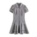 Women's Lolita Style Plaid Mini Dress Sweet Gray and White Gingham Shirt Collar Short Sleeve Dress With Layered Ruffle Hem High Waist Button Front Party Dress