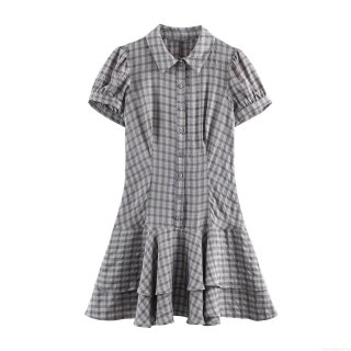 Women's Lolita Style Plaid Mini Dress Sweet Gray and White Gingham Shirt Collar Short Sleeve Dress With Layered Ruffle Hem High Waist Button Front Party Dress