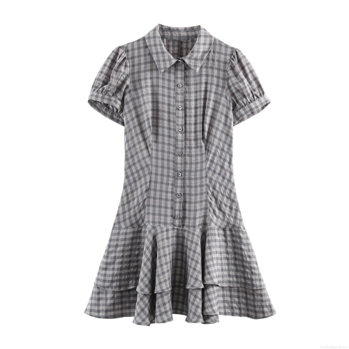 Women's Lolita Style Plaid Mini Dress Sweet Gray and White Gingham Shirt Collar Short Sleeve Dress With Layered Ruffle Hem High Waist Button Front Party Dress