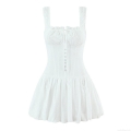 Women White 100% Cotton Embroidery Lace Mini Dress Sleeveless Camisole Corset Smocked Ruffle A-Line Summer Party Lolita Style Short Sun Dress With Front Buttons