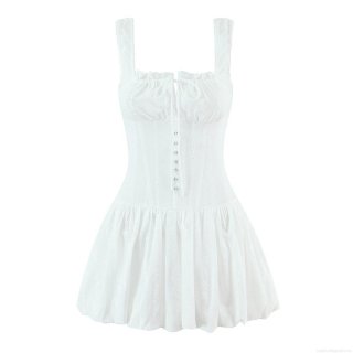 Women White 100% Cotton Embroidery Lace Mini Dress Sleeveless Camisole Corset Smocked Ruffle A-Line Summer Party Lolita Style Short Sun Dress With Front Buttons