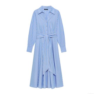 Women's Elegant Striped Shirt Dress Long Sleeve Midi Dress With Belt For Daily Office Fashion Blue White Vertical Stripe Button Up Robe