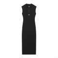 Women's Sexy Sleeveless Hollow Out Maxi Dress Slim Fit Solid Black Polyester Evening Party Long Dress With Metal Crystal Decoration Buckles