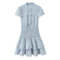 Women's Plaid Short Sleeve Mini Dress Ruffle Layered Hem Stand Collar Elastic High Waist Polyester Blue Brown Check Dress For Summer Daily Fashion