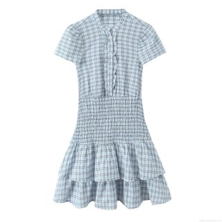 Women's Plaid Short Sleeve Mini Dress Ruffle Layered Hem Stand Collar Elastic High Waist Polyester Blue Brown Check Dress For Summer Daily Fashion
