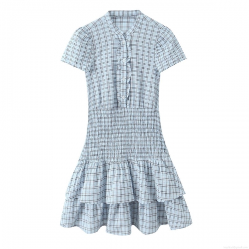 Women's Plaid Short Sleeve Mini Dress Ruffle Layered Hem Stand Collar Elastic High Waist Polyester Blue Brown Check Dress For Summer Daily Fashion
