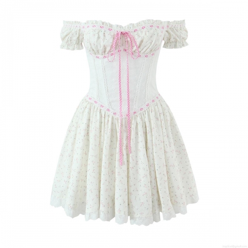Women's French Retro Floral Mini Dress Polyester Off-Shoulder Puff Sleeve Lace Trim Corset Waist Sweet Summer Party Dress For Women