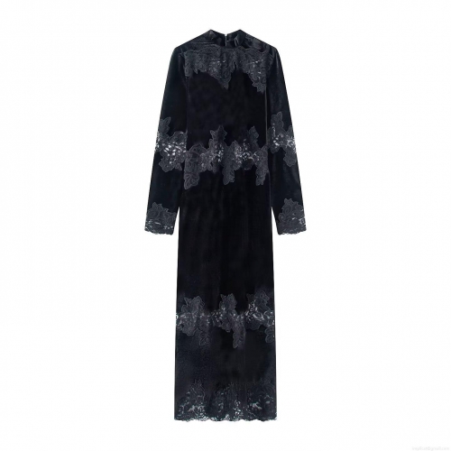 Women's Elegant Velvet Lace Maxi Dress Retro Stand Collar Long Sleeve Bodycon Evening Gown For Wedding Party Black Vintage Sexy Dresses