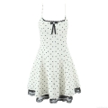 French Sexy Sweet Polka Dot Lace Stitching Slip Mini Dress Women Back Zipper Polyester Dress With Bow For Summer Vacation Party