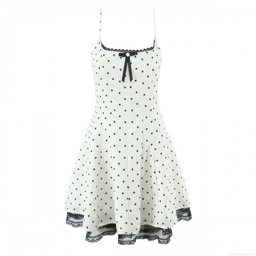 French Sexy Sweet Polka Dot Lace Stitching Slip Mini Dress Women Back Zipper Polyester Dress With Bow For Summer Vacation Party